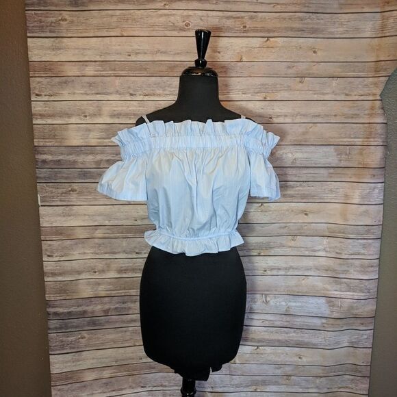 BP Cold Shoulder Ruffle Trim Pinstripe Top - Picture 5 of 8